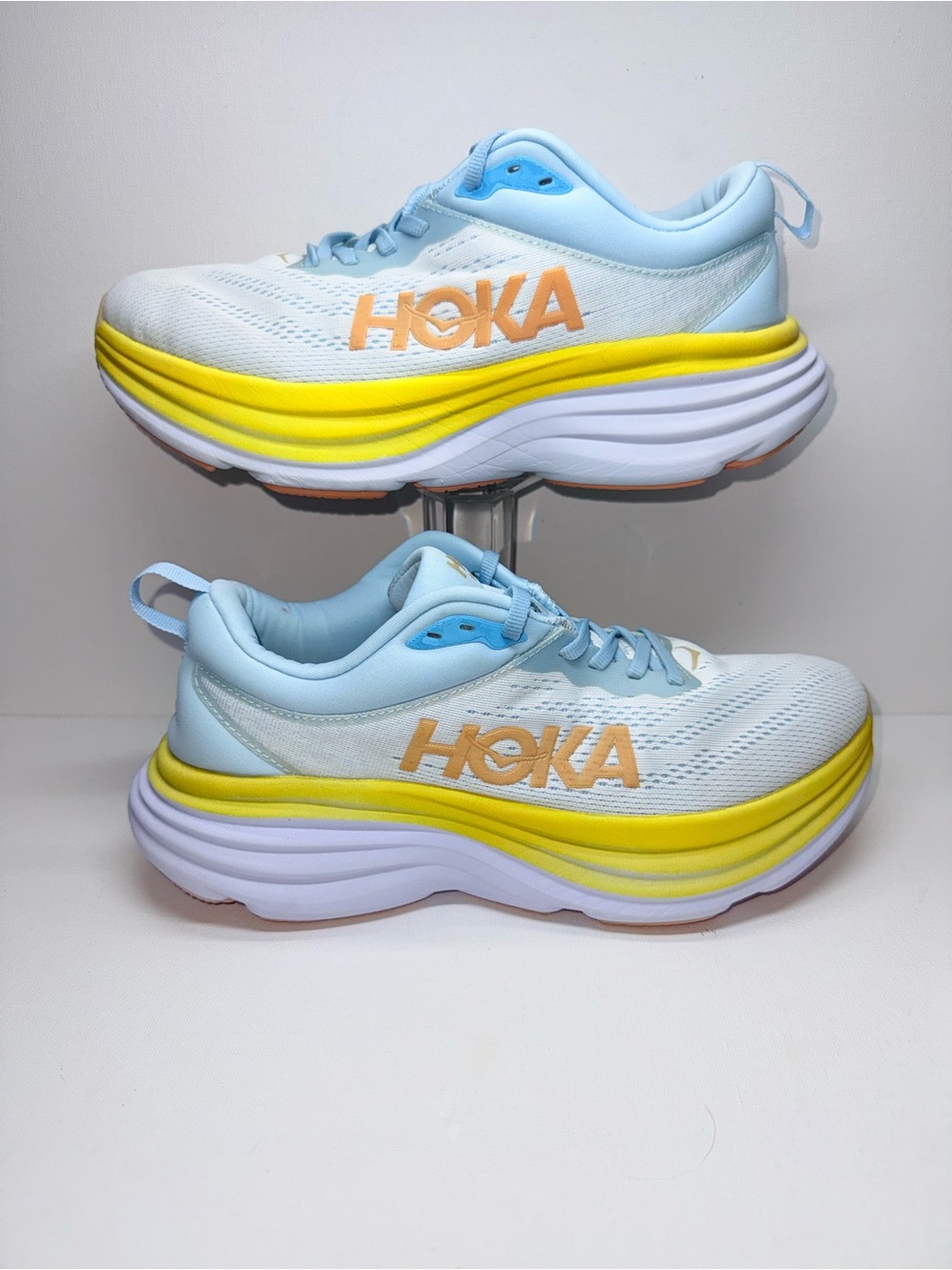 HOKA BONDI 8  Light Blue & White Sneakers with Yellow Accents